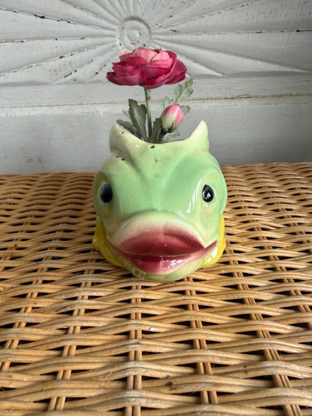 Vintage 1950s Anthropomorphic Green Yellow Fish Planter Big Pink LIps